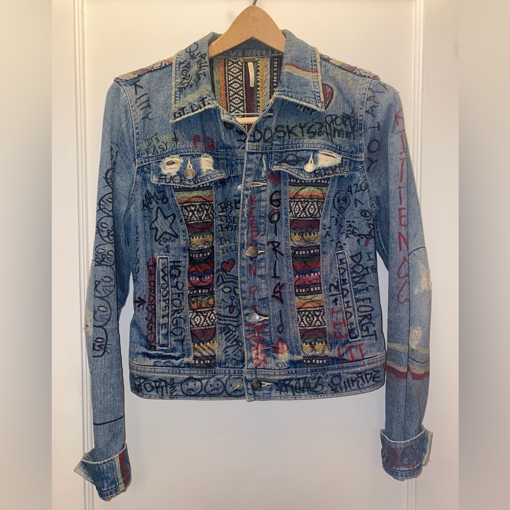 Free People Hand Made Jean Jacket in Mid Wash with Bohemian Edgy Design Size 4